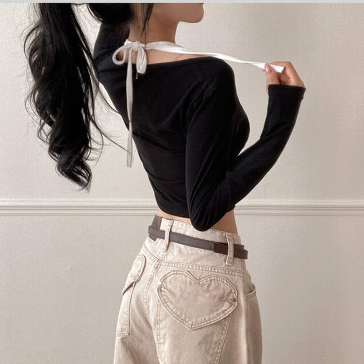 브릿 배색 스냅버튼 홀터넥 일체형 긴팔 티셔츠 블랙