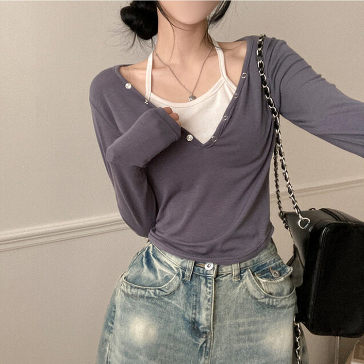 브릿 배색 스냅버튼 홀터넥 일체형 긴팔 티셔츠 차콜