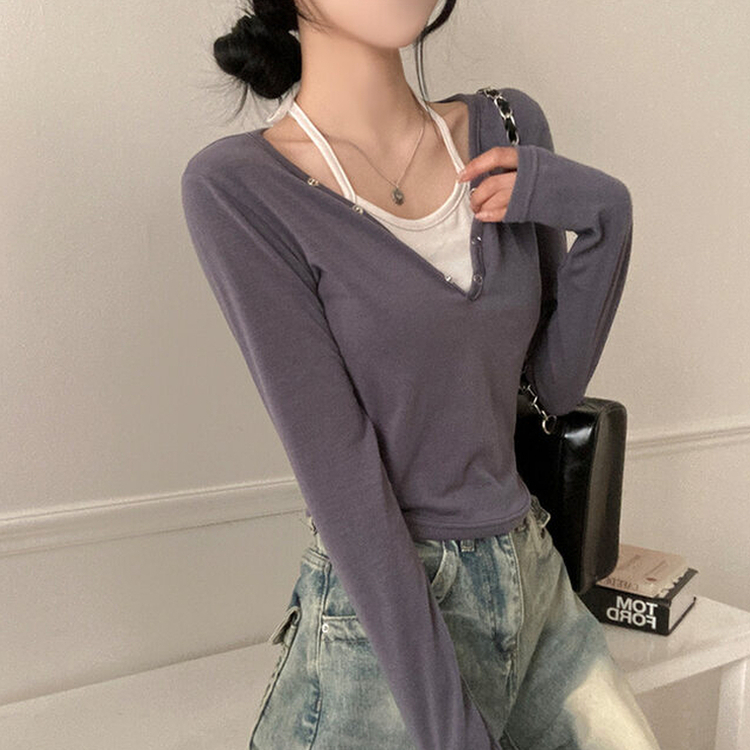 브릿 배색 스냅버튼 홀터넥 일체형 긴팔 티셔츠 차콜