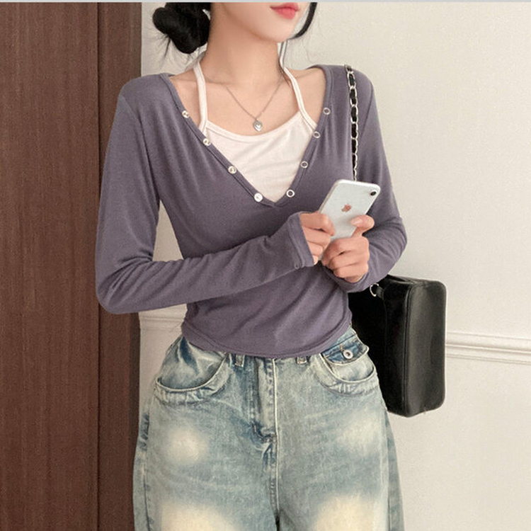 브릿 배색 스냅버튼 홀터넥 일체형 긴팔 티셔츠 차콜