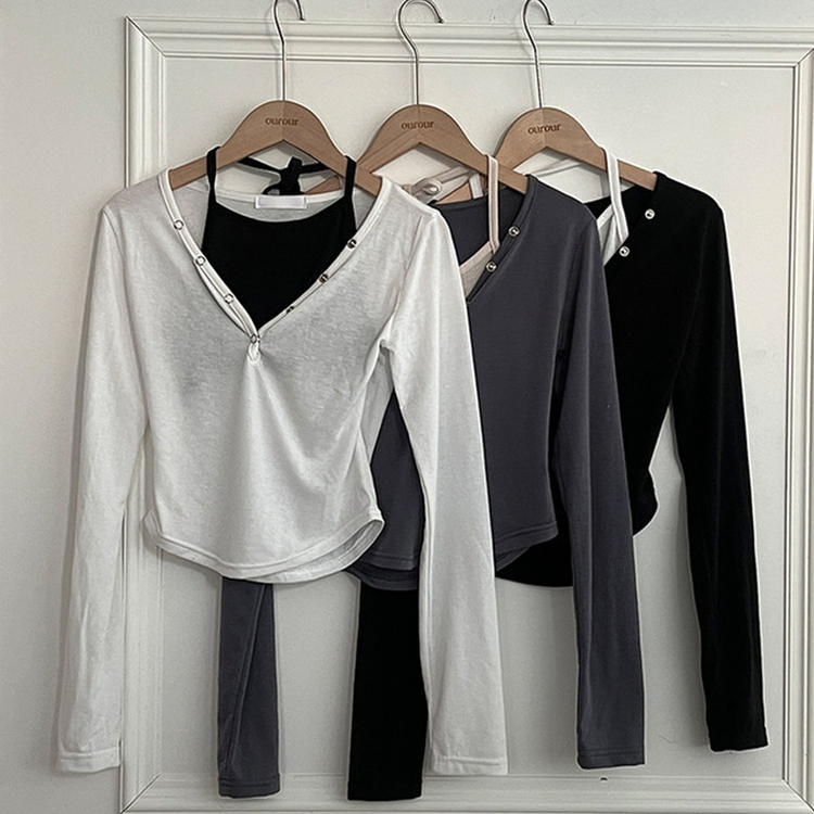 브릿 배색 스냅버튼 홀터넥 일체형 긴팔 티셔츠