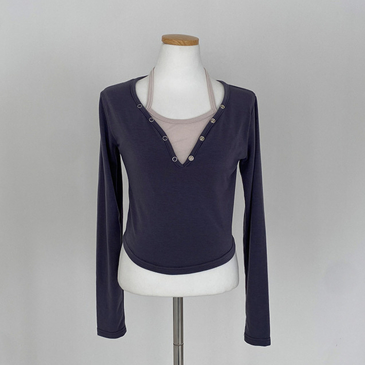 브릿 배색 스냅버튼 홀터넥 일체형 긴팔 티셔츠