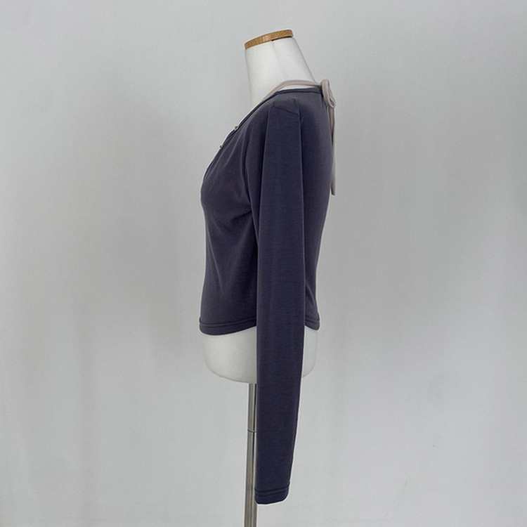 브릿 배색 스냅버튼 홀터넥 일체형 긴팔 티셔츠