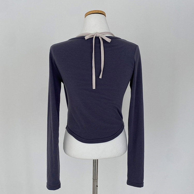 브릿 배색 스냅버튼 홀터넥 일체형 긴팔 티셔츠