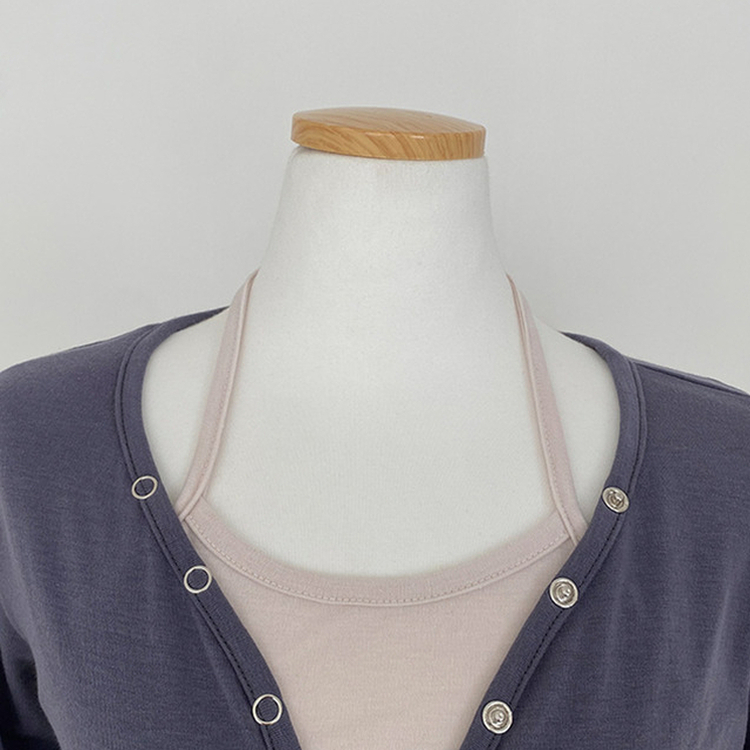 브릿 배색 스냅버튼 홀터넥 일체형 긴팔 티셔츠