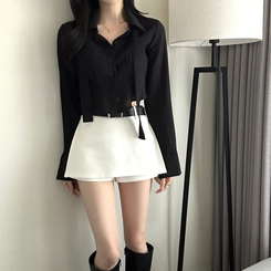 【タイ付き】クロップレイヤードブラウス BLACK