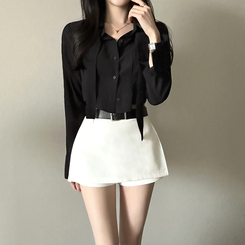 【タイ付き】クロップレイヤードブラウス BLACK