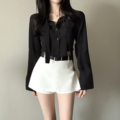 【タイ付き】クロップレイヤードブラウス BLACK