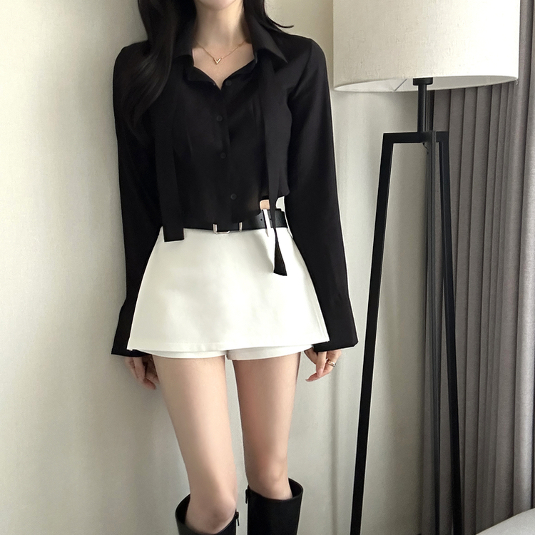 【タイ付き】クロップレイヤードブラウス BLACK