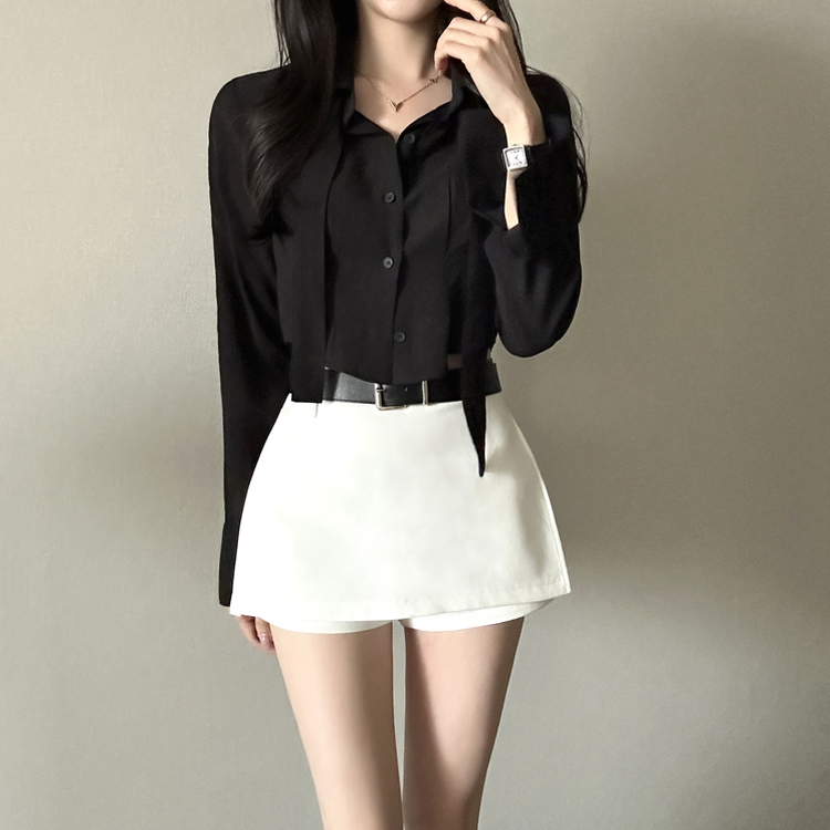 【タイ付き】クロップレイヤードブラウス BLACK