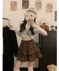 ミニスカート チェックティアードスカート BROWN