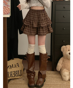 ミニスカート チェックティアードスカート BROWN