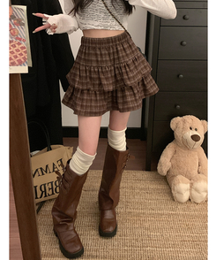 ミニスカート チェックティアードスカート BROWN
