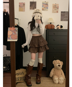 ミニスカート チェックティアードスカート BROWN