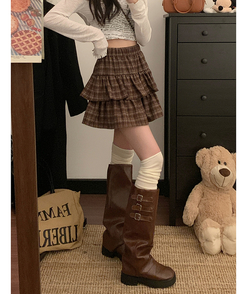 ミニスカート チェックティアードスカート BROWN