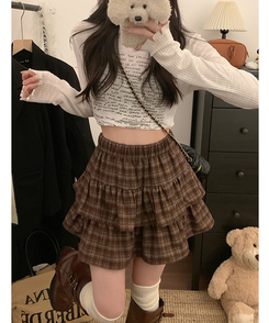 ミニスカート チェックティアードスカート BROWN