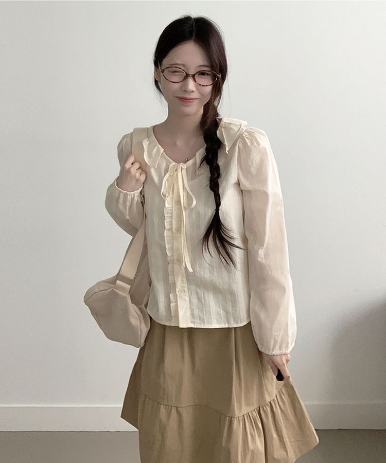 와튼 프론트 핀턱 포켓 코튼 플레어 밴딩 미디스커트 베이지