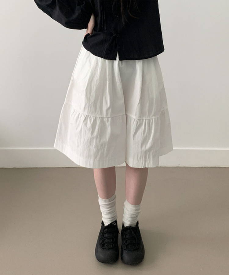 와튼 프론트 핀턱 포켓 코튼 플레어 밴딩 미디스커트 아이보리