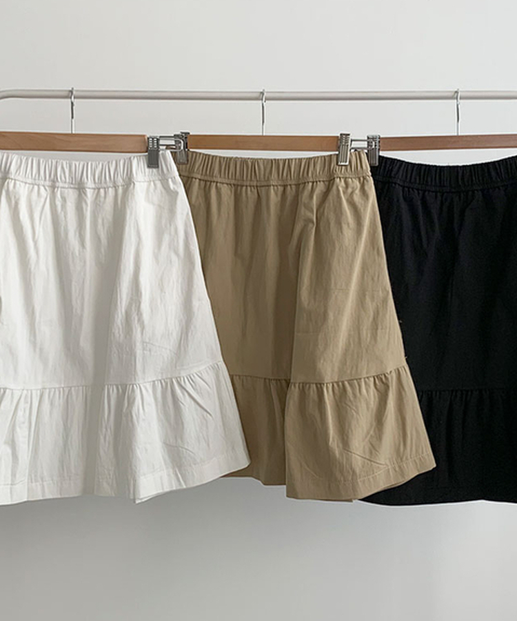 와튼 프론트 핀턱 포켓 코튼 플레어 밴딩 미디스커트