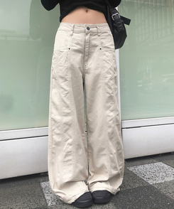 베즈 코튼 절개 와이드 팬츠 베이지