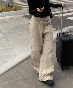 베즈 코튼 절개 와이드 팬츠 베이지