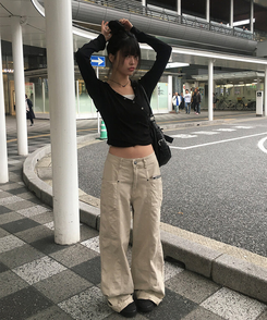 베즈 코튼 절개 와이드 팬츠 베이지