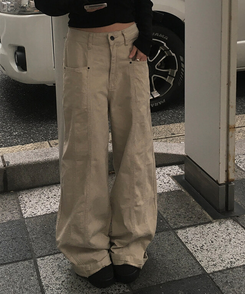 베즈 코튼 절개 와이드 팬츠 베이지