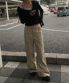 베즈 코튼 절개 와이드 팬츠 베이지