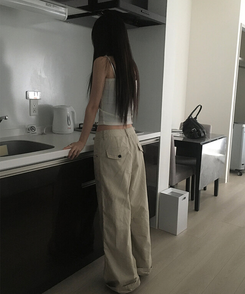 베즈 코튼 절개 와이드 팬츠 베이지