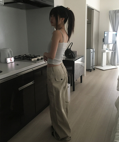 베즈 코튼 절개 와이드 팬츠 베이지