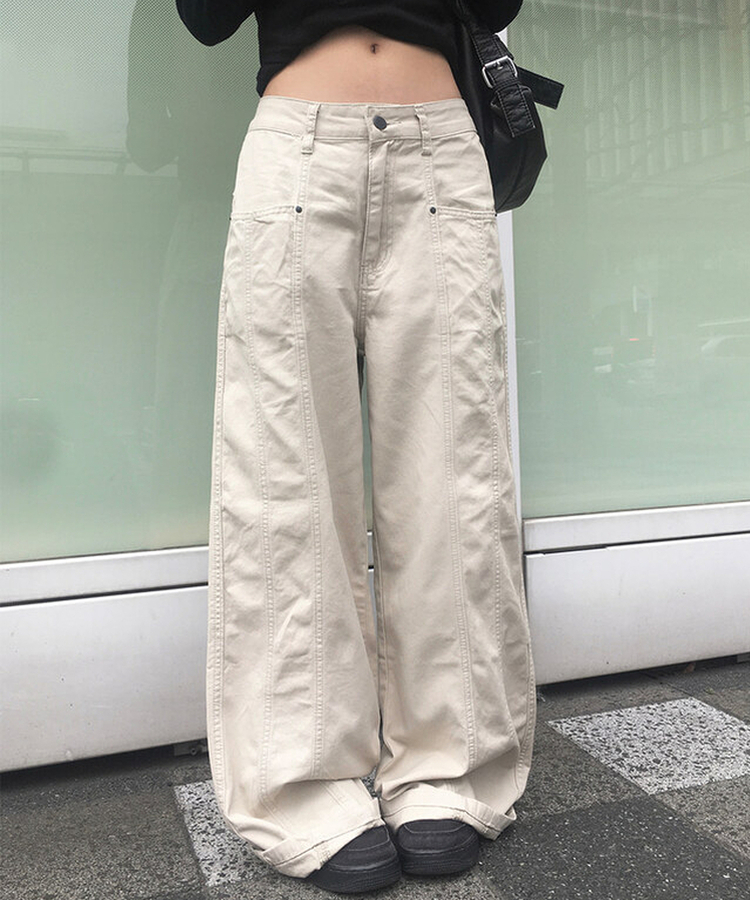 베즈 코튼 절개 와이드 팬츠 베이지