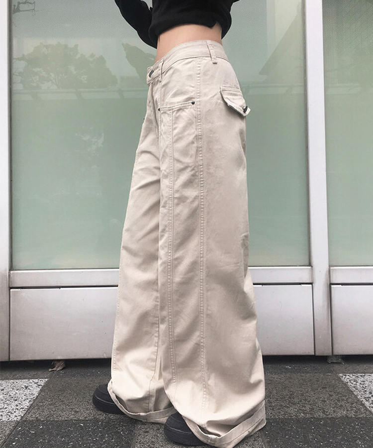 베즈 코튼 절개 와이드 팬츠 베이지