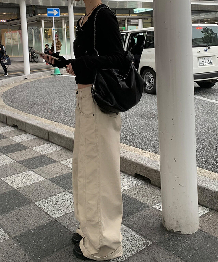 베즈 코튼 절개 와이드 팬츠 베이지