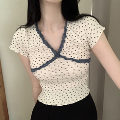 半袖Tシャツ レースVネック半袖Tシャツ CREAM