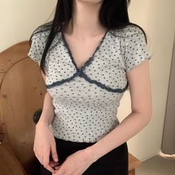 半袖Tシャツ レースVネック半袖Tシャツ GREY