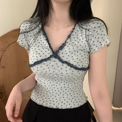 半袖Tシャツ レースVネック半袖Tシャツ GREY