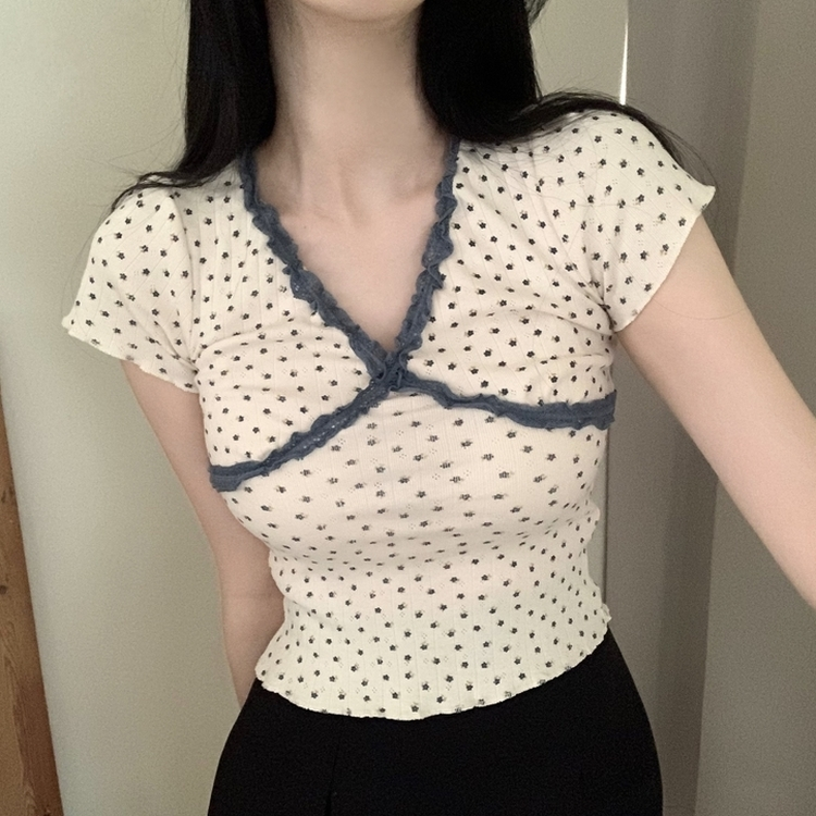 レースVネック半袖Tシャツ CREAM