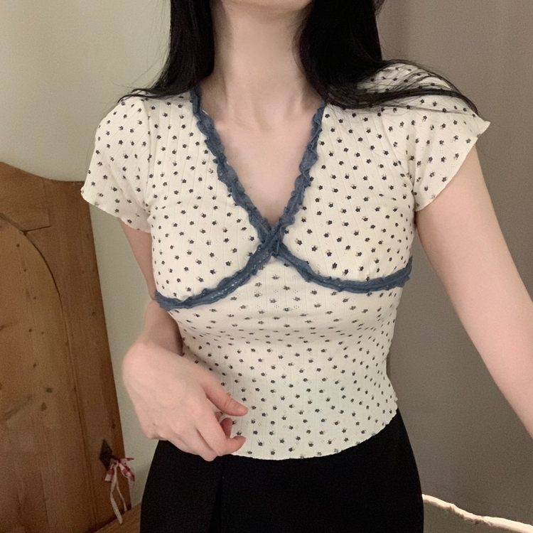 レースVネック半袖Tシャツ CREAM