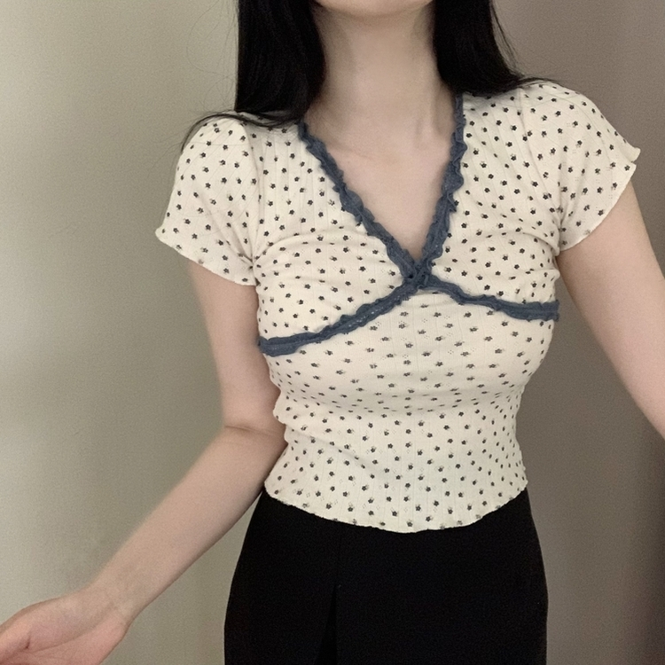 レースVネック半袖Tシャツ CREAM