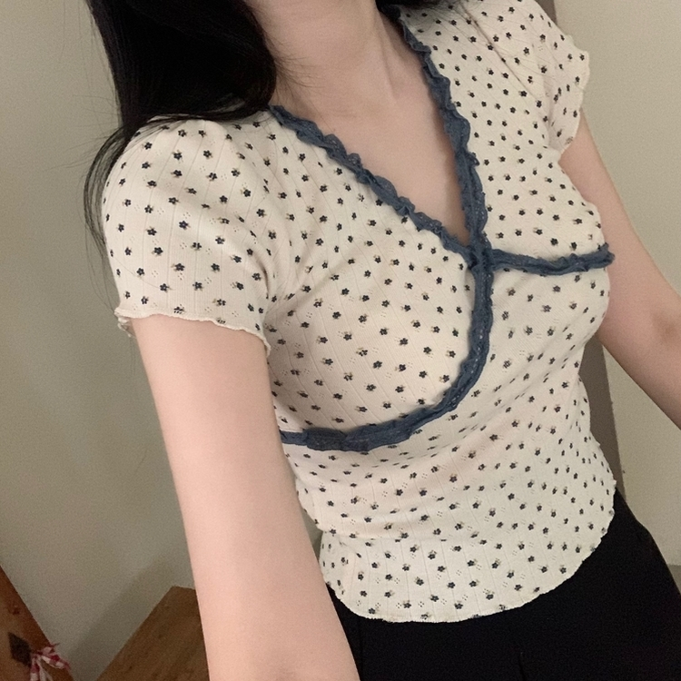 レースVネック半袖Tシャツ CREAM