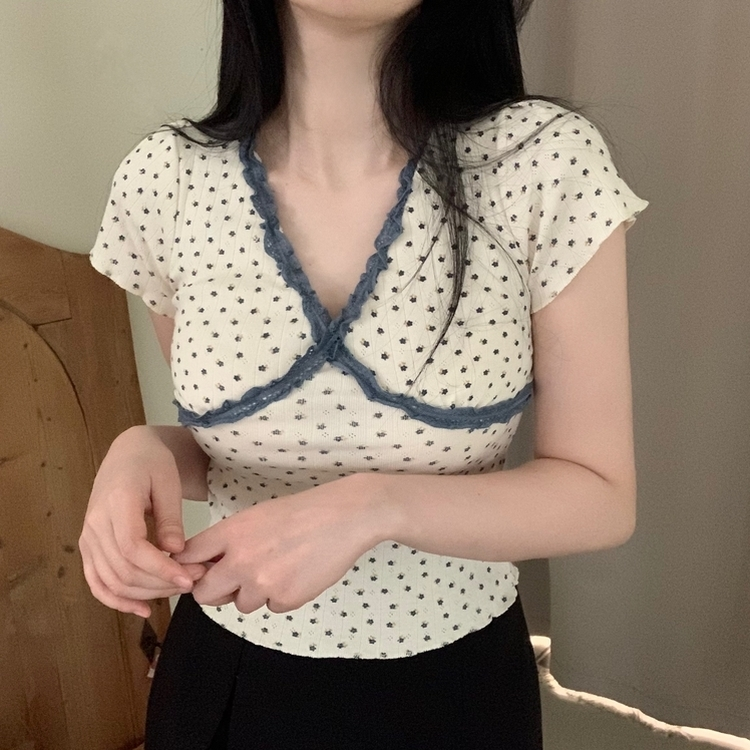 レースVネック半袖Tシャツ CREAM