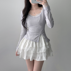 ツーピース 【SET着用可能】パール長袖Tシャツ レースリボンキャミソール ミニスカート(5color) LIGHT PURPLE-TOP