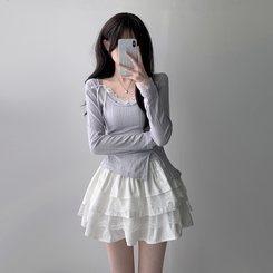 ツーピース 【SET着用可能】パール長袖Tシャツ レースリボンキャミソール ミニスカート(5color) LIGHT PURPLE-TOP