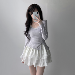 ツーピース 【SET着用可能】パール長袖Tシャツ レースリボンキャミソール ミニスカート(5color) LIGHT PURPLE-TOP