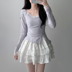 ツーピース 【SET着用可能】パール長袖Tシャツ レースリボンキャミソール ミニスカート(5color) LIGHT PURPLE-TOP