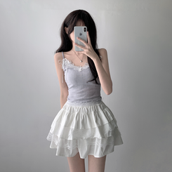 ツーピース 【SET着用可能】パール長袖Tシャツ レースリボンキャミソール ミニスカート(5color) LIGHT PURPLE-TOP