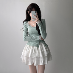 ツーピース 【SET着用可能】パール長袖Tシャツ レースリボンキャミソール ミニスカート(5color) MINT-TOP