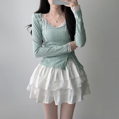 ツーピース 【SET着用可能】パール長袖Tシャツ レースリボンキャミソール ミニスカート(5color) MINT-TOP