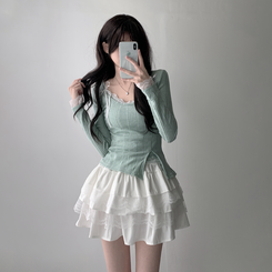 ツーピース 【SET着用可能】パール長袖Tシャツ レースリボンキャミソール ミニスカート(5color) MINT-TOP