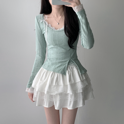 ツーピース 【SET着用可能】パール長袖Tシャツ レースリボンキャミソール ミニスカート(5color) MINT-TOP